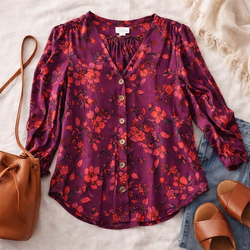 Maeve Anthropologie Blouse Womens Small Purple Floral Button Front Boho V-Neck